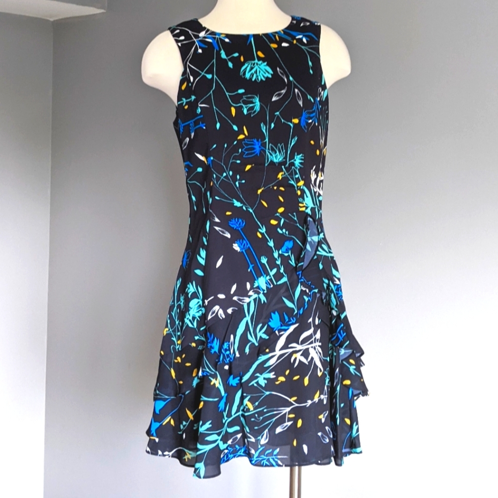 NWT PARKER Keyhole Back Green Blue Floral Dress - Ruffles, High Neck